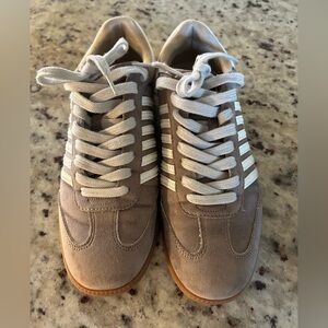 ShuShop Taupe Suede Sneakers with Cream Stripes